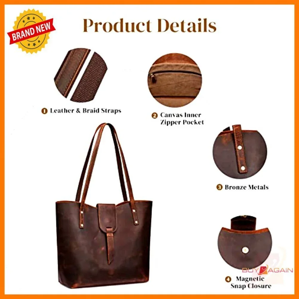 Large Genuine Leather Tote Bag with Removable Organizer for Work